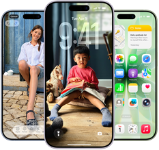 iPhone 17, pohled zepředu, Dynamic Island nahoře uprostřed, tři barvy: mlhově modrý, levandulový, šalvějově zelený